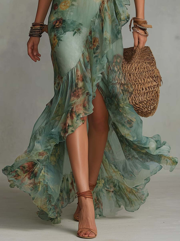 Aurora - robe longue florale boho avec ourlet asymétrique romantique