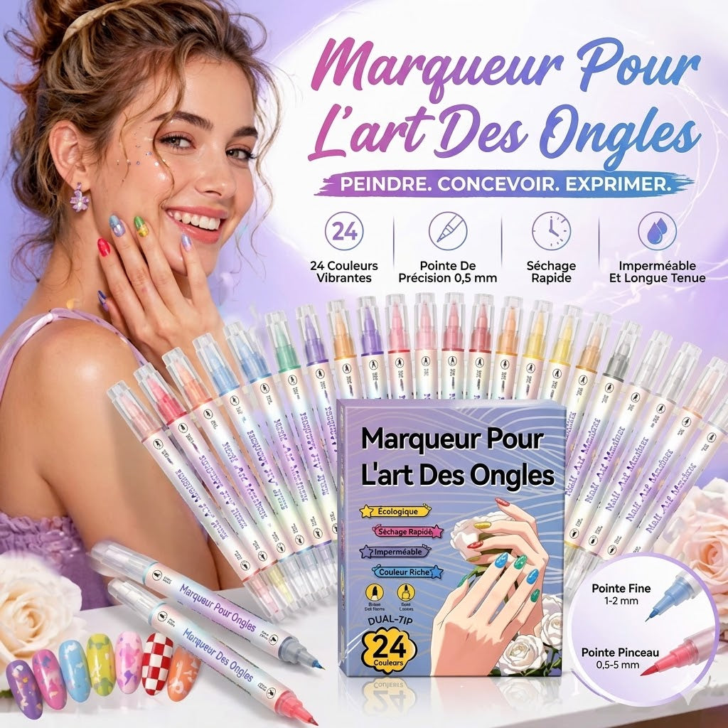 Pinceline™ — Kit 24 marqueurs nail art pointe précision 0,5 mm longue durée waterproof