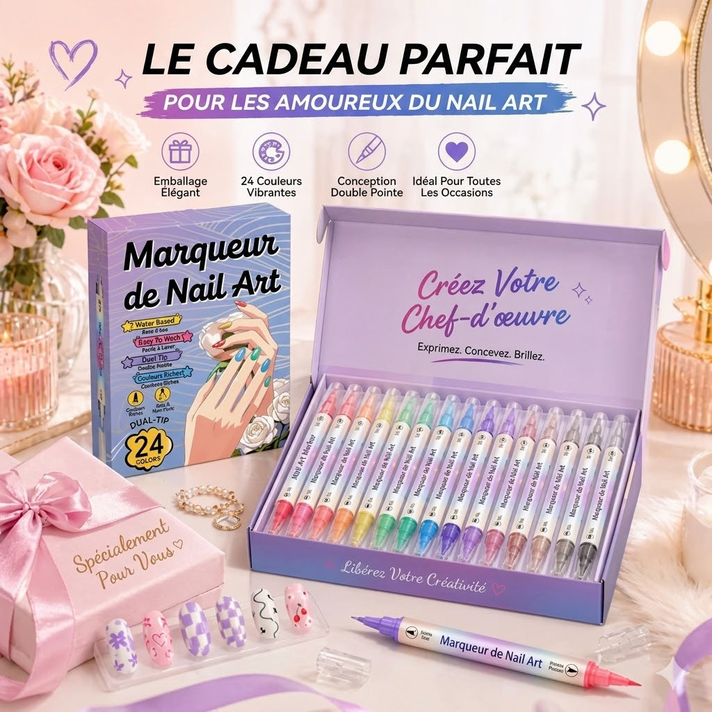 Pinceline™ — Kit 24 marqueurs nail art pointe précision 0,5 mm longue durée waterproof