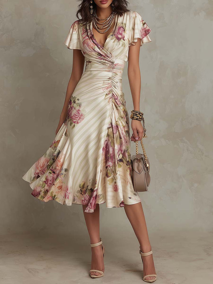Alba - Robe midi en satin floral élégant rétro