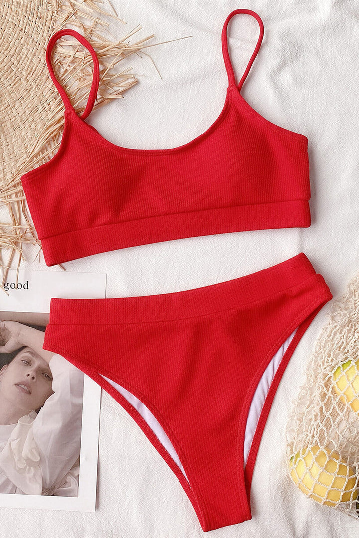Bikini à Côtes avec Top à Bande et Culotte Taille Haute