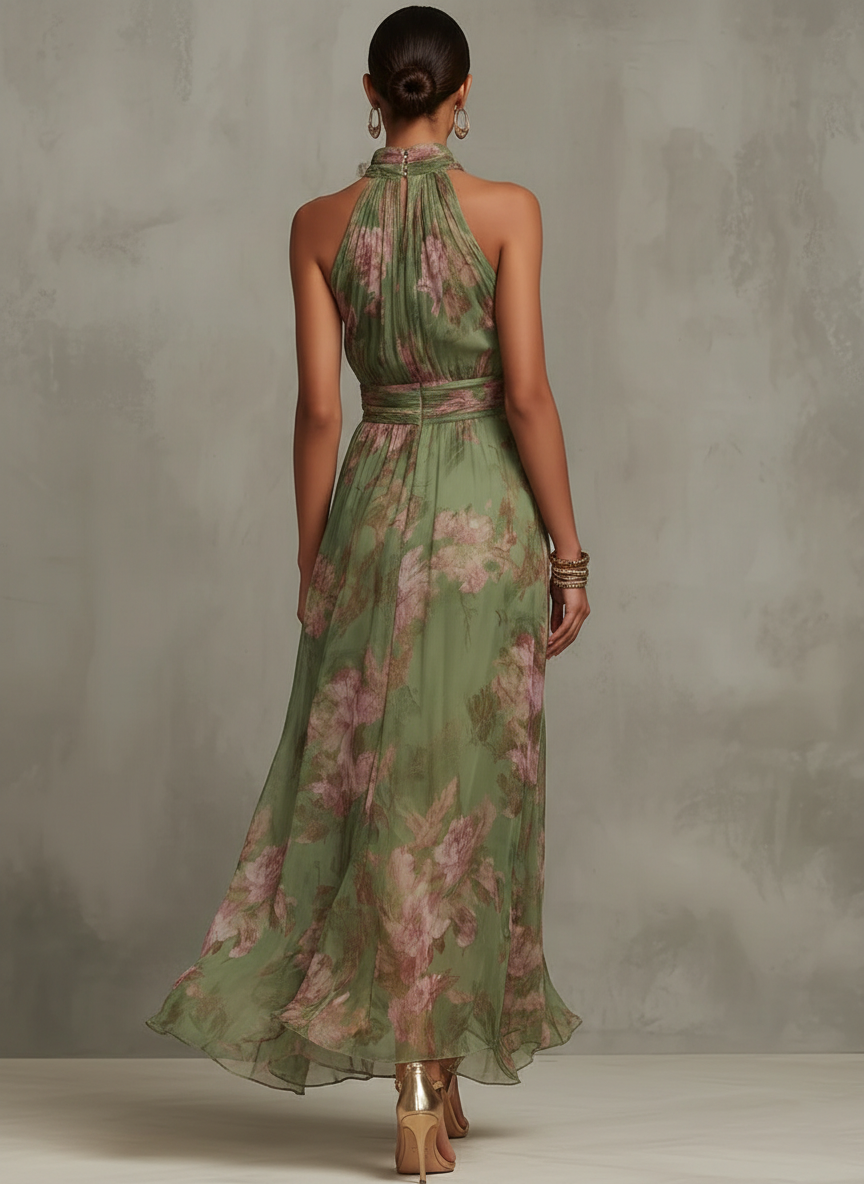 Serena - Robe longue verte à fleurs en chiffon avec décolleté halter
