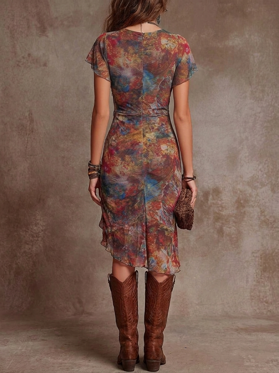 Martina - Robe midi plissée avec décolleté en V, impression d'art abstrait dans un style bohémien