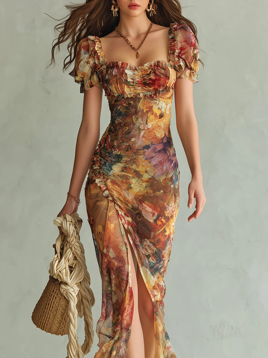 Viola - Robe longue en chiffon orange avec impression à l'huile de style bohémien